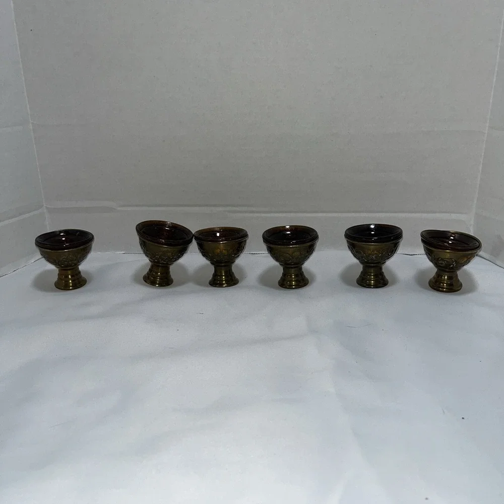 6 Piece Brass With Amber Glass Offering Bowls , Tibetan Vintage